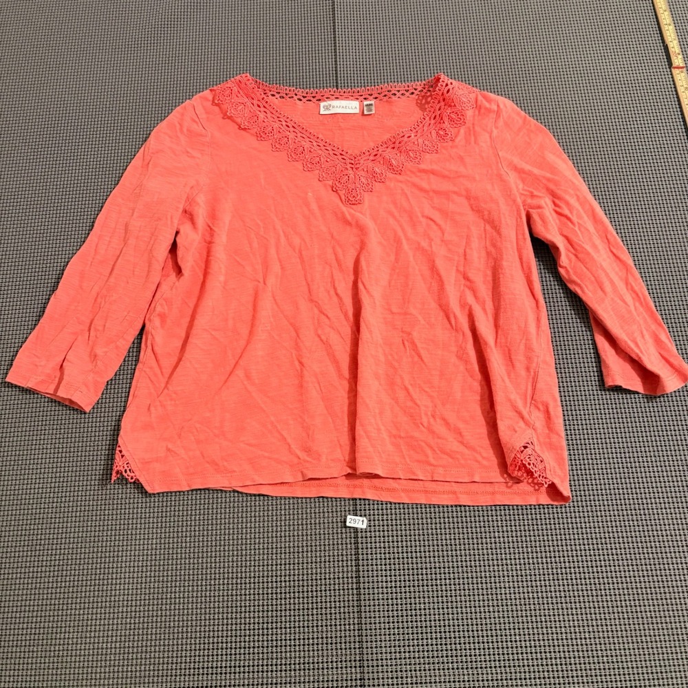 Rafaella Womens Coral Pink Crochet Lace V-Neck 3/4 Sleeve Top Size M
